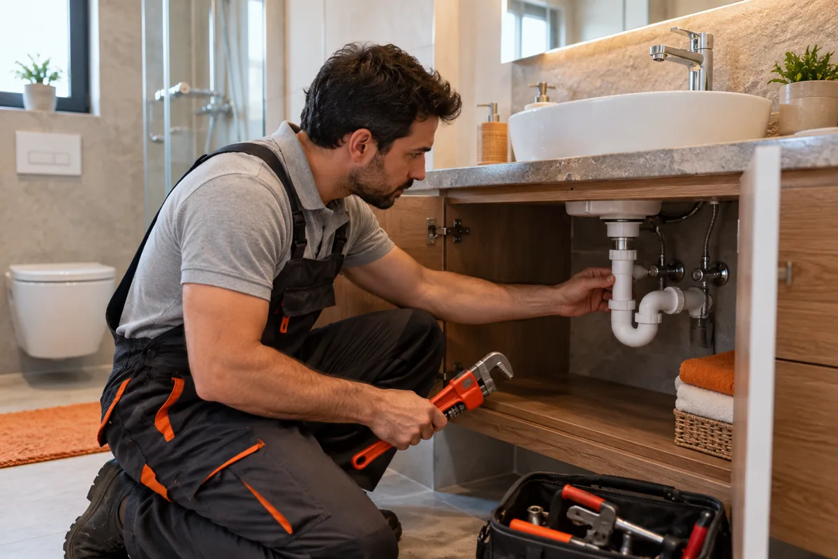 Banyo dolabı altındaki tesisat çalışmasını temsil eden görsel